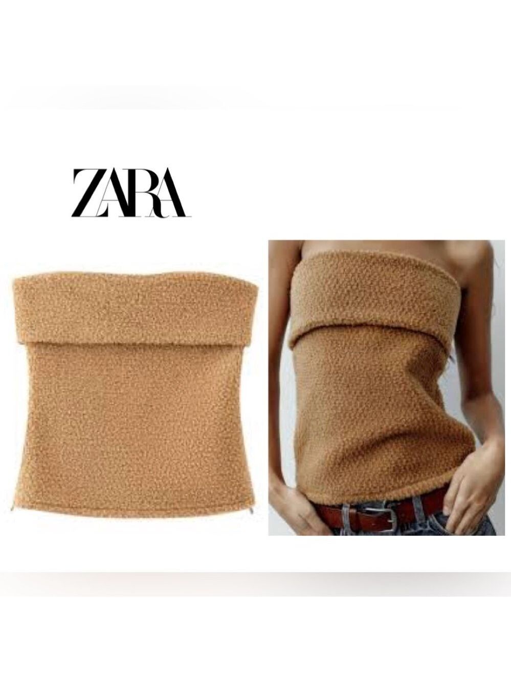 Zara sherpa strapless tube top in camel brown Sz XS NWOT